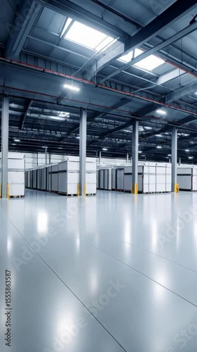 Industrial warehouse interior with gray floors, white boxes, columns, and steel ceiling supports for logistics and distribution
