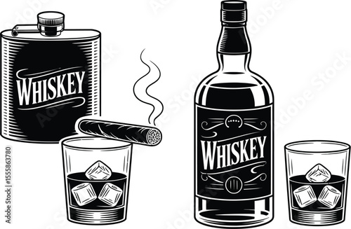 Illustration of whiskey bottle flask glasses and cigar on white background
