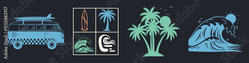 Vector graphic set with a tropical surf theme graphics. Perfect for t-shirt print, posters, and other surfing related designs