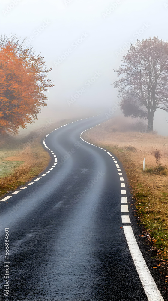 Foggy Autumn Road, Winding Path Illustration Foggy Autumn Road, Winding Path Illustration