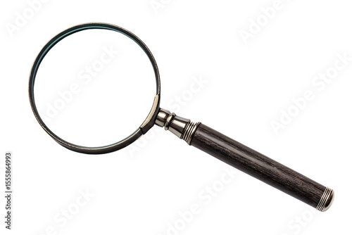 Classic magnifying glass with wooden handle isolated on transparent background