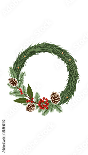 Pine wreath adorned with berries and cones for festive decoration  