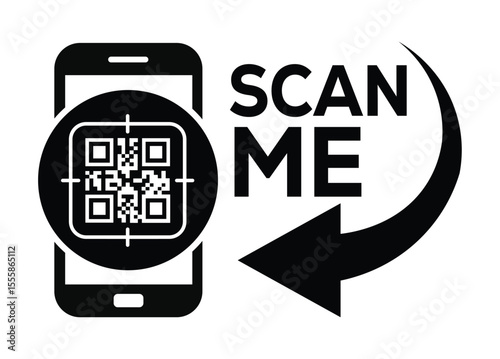 Minimalist black and white illustration of a smartphone with a centered QR code and "SCAN ME" text. Clean, flat design, ideal for digital instructions, apps, or tech guides.