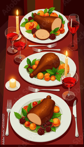 Festive dinner table setting with roasted meat and vegetables  