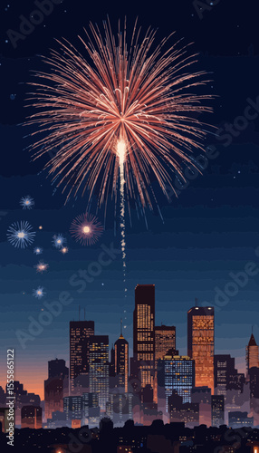 City skyline with fireworks illuminating night sky at celebration  