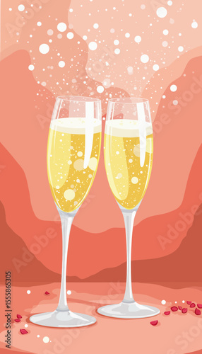 Two champagne glasses clinking with bubbles on a pink background  
