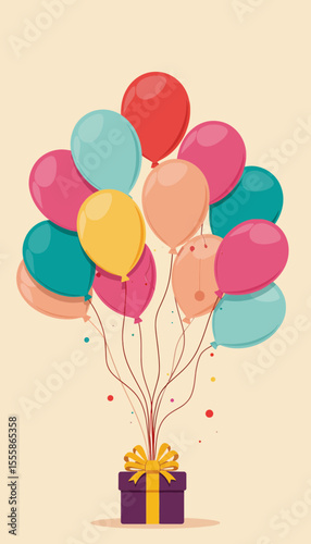 Colorful balloons floating above a gift box with yellow ribbon  