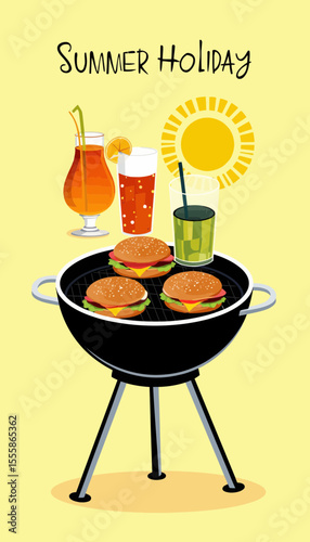 Summer holiday barbecue with drinks and burgers on yellow background  