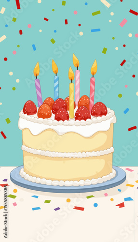 Birthday cake with candles and strawberries on blue background  