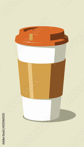 Disposable coffee cup with orange lid and cardboard sleeve  