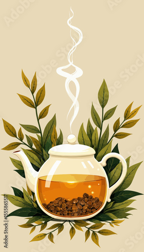 Teapot with steaming herbal tea surrounded by green leaves  