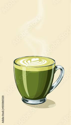 Green matcha latte in glass cup with steam on light background  