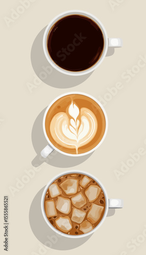 Three cups of coffee in different styles on neutral background  
