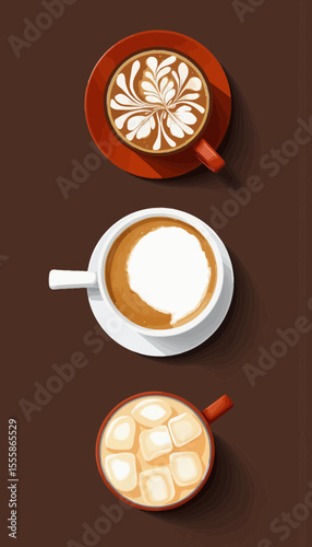 Coffee drinks in three cups on brown background  