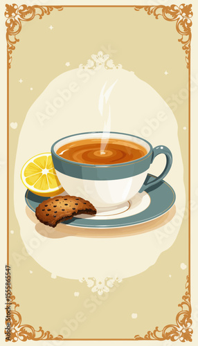 Hot tea with lemon and cookie on plate in vintage style  