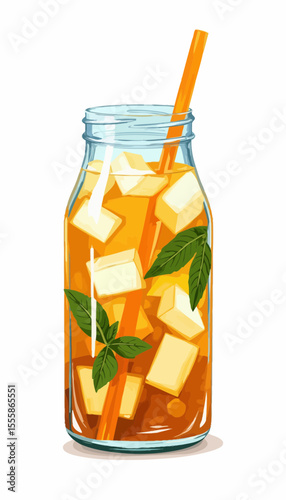 Iced tea with mint leaves and ice cubes in a glass jar  