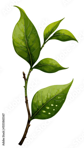 Green tea leaves on branch in natural style  