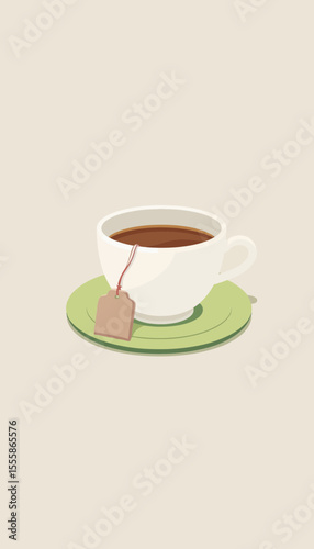 Cup of tea with tea bag on green plate against neutral background  