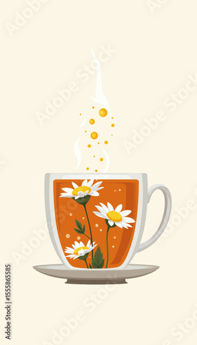 Cup of chamomile tea with flowers and steam on beige background  