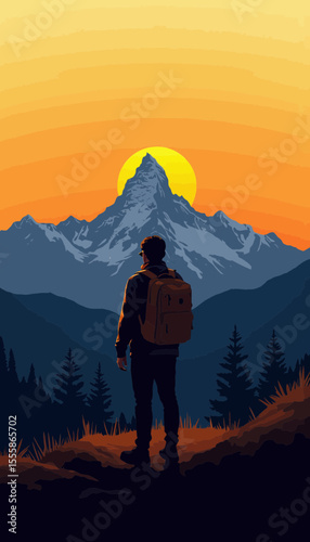 Hiker admiring sunrise over mountain range in natural landscape  