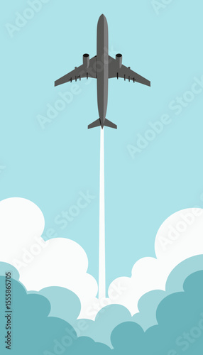 Airplane flying above clouds in blue sky background  