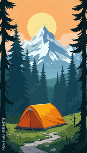 Orange tent set in a green meadow with mountains during sunset  