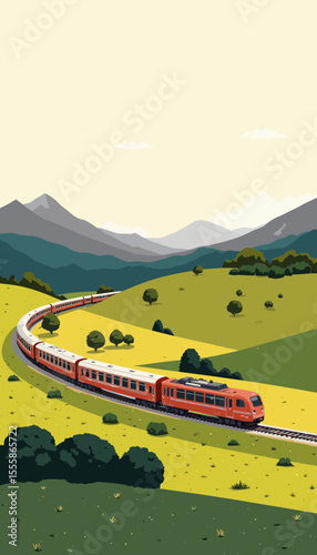 Scenic red train traveling through green hills and mountains  