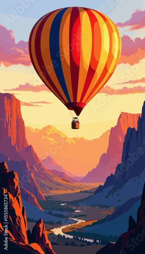 Colorful hot air balloon flying over mountain valley at sunset  