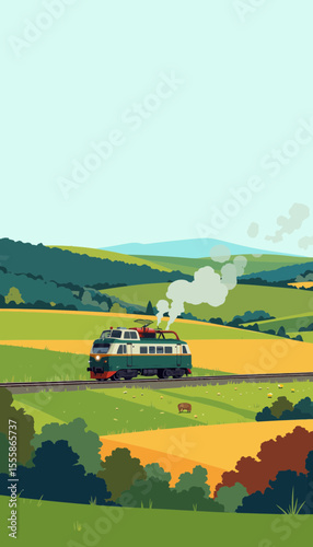 Vintage train traveling through green fields in serene landscape  