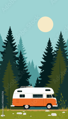 Retro camper van parked in forest under bright sun  