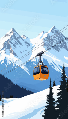 Cable car ascending snowy mountains in winter landscape  