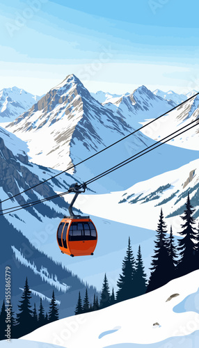 Ski lift transporting passengers over snow-covered mountains  