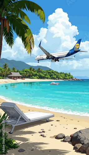 Airplane flying over tropical beach with palm trees and sun loungers  