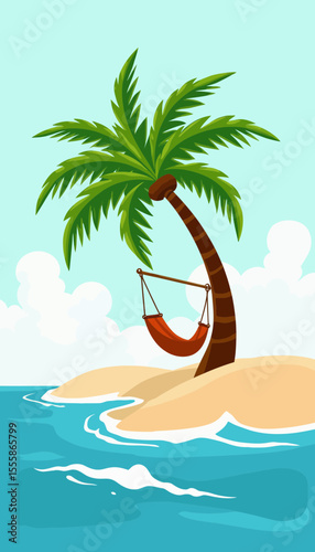 Tropical palm tree with hammock on sandy beach by the ocean  
