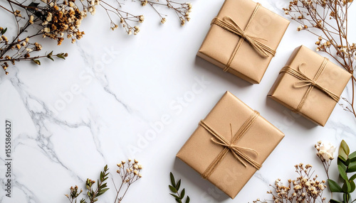 Rustic Brown Gift Boxes on Marble Surface with Dried Flowers