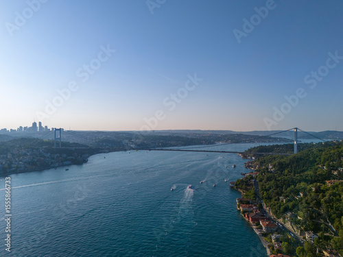 Fatih Sultan Mehmet Bridge Aerial view of the Bosphorus Strait in Istanbul, Turkey. A breathtaking aerial shot of the Bosphorus Strait, showcasing the vibrant city of Istanbul, Turkey. Beykoz Kucuksu