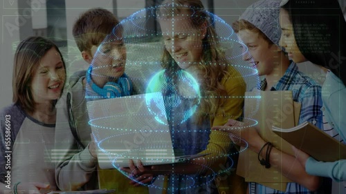 Teenage student opening laptop revealing globe with spiraling rings for learning