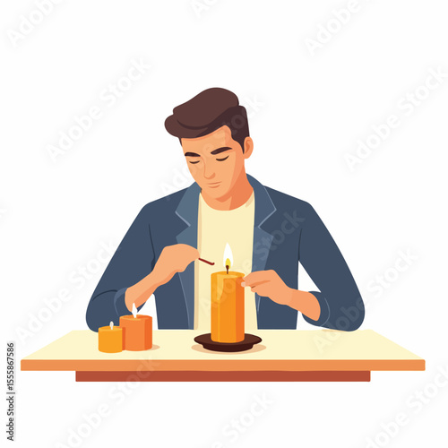 man lighting a scented candle on a table or shelf