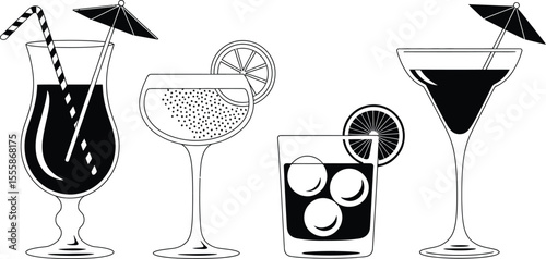 Four cocktail glasses with different drinks and garnish in black and white