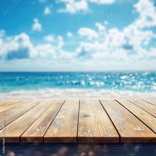 Wood table top on blur sparkling sea water and summer sky background.