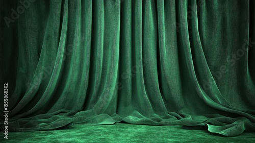 Elegant green curtain against a dark backdrop, dramatic and cinematic visual green