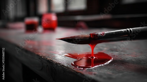 Real photo, a sable paintbrush dripping red fluid laying on an college art class desk, Ominous and eerie, high detail, gothic horror, unsettling atmosphere, high detail, gothic.