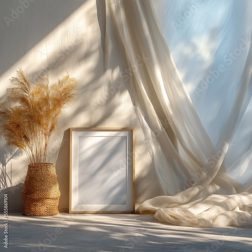 A cozy scene with blank white frame mockup on the wall, soft sunlight filtering through a sheer curtain, delicate plants surrounding the scene, and a peaceful, serene atmosphere.