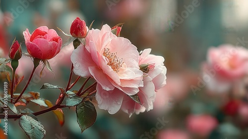 The photo shows several blush-colored roses with green leaves growing on the bush in an English garden, with some buds and flowers still closed. The focus is sharp, highlighting.