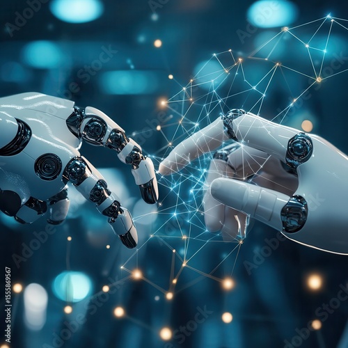 Hands of robots touching on robotics network connections highlight intelligent systems transforming industries. Robotics enables collaboration, enhances precision, automates, and.