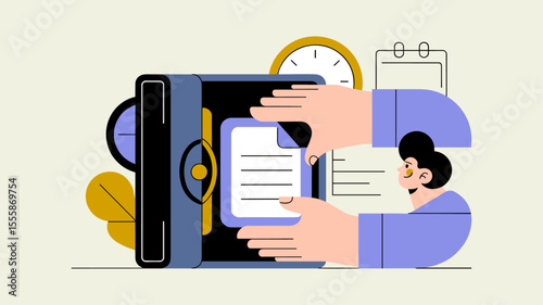 archivist filing a document into a secure safe for storage, vector illustration for document archiving, records management and data protection