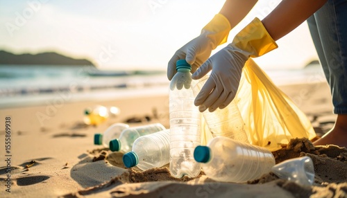 Primer plano de manos con guantes recogiendo basura y botellas de plástico realizando tarea medioambiental en una playa