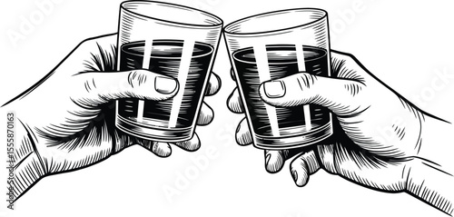Two hands toasting with glasses of dark liquid in black and white art