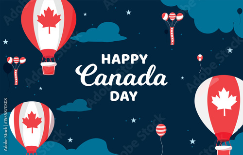 Vector illustration celebrating Canada Day with red and white hot air balloons featuring the maple leaf symbol, floating in a night sky filled with stars and clouds. A festive and patriotic design per