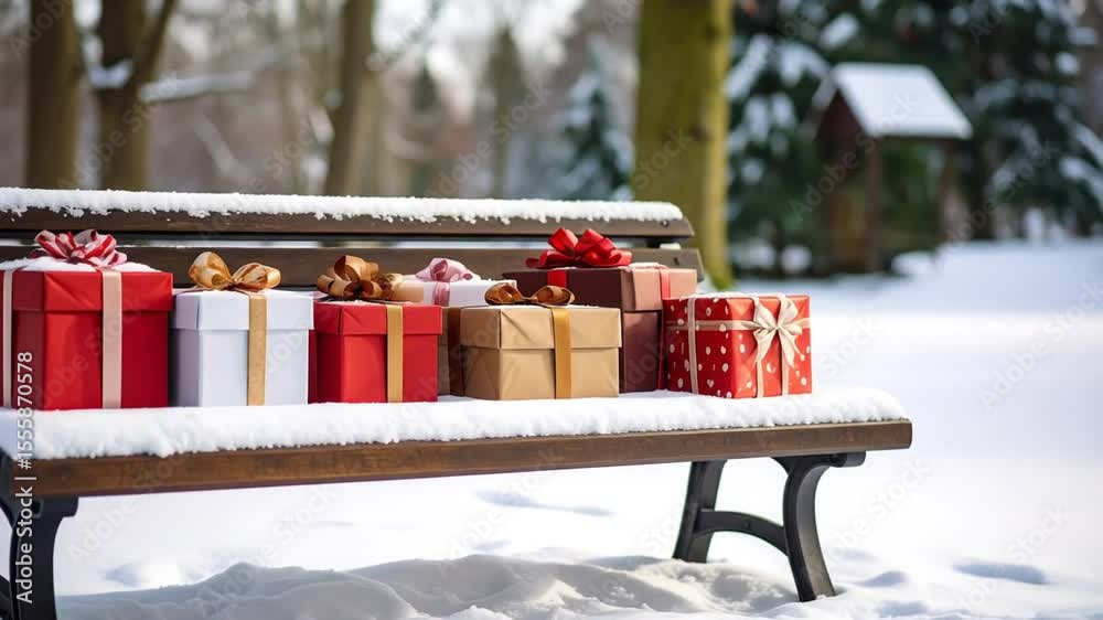 Wrapped gifts on a snowy park bench